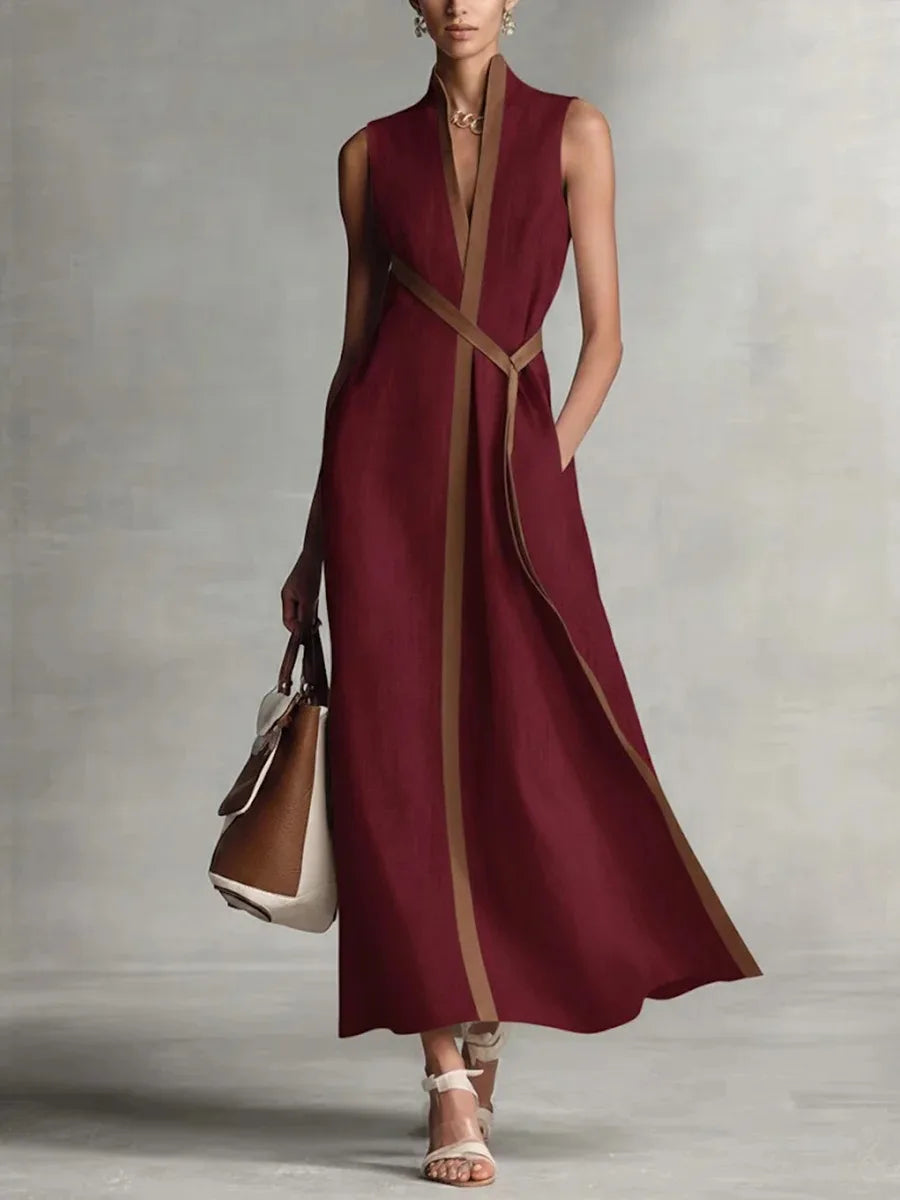 Casual Striped Patchwork Sleeveless Maxi Dress Elegant V Neck Color Collision Robes New Female Summer High Street Commute Gown