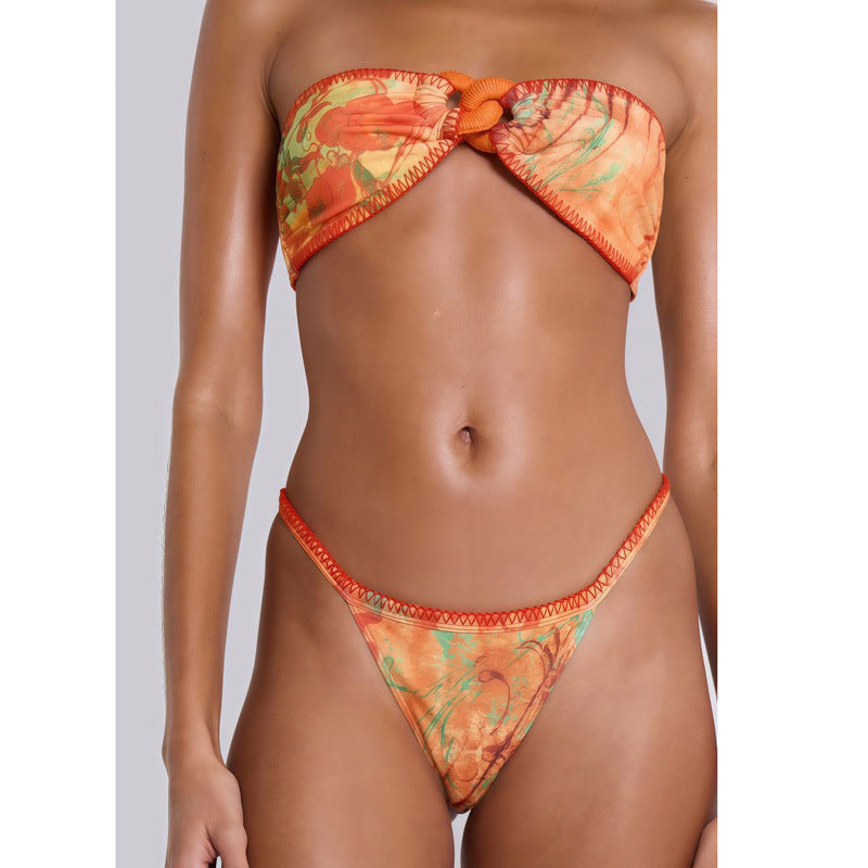 Three piece strapless swimsuit with vintage print for women