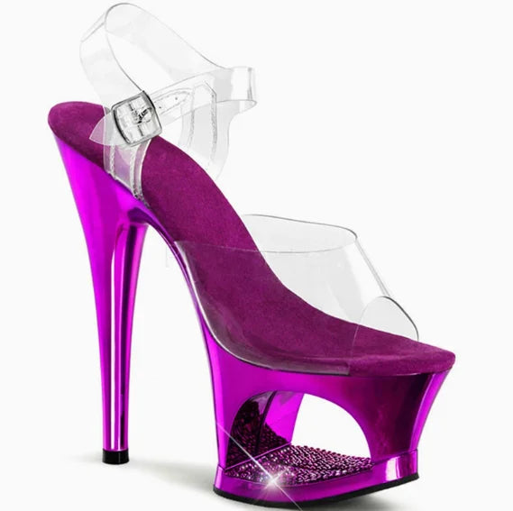 Sexy Women's 17cm High Stiletto Sandals - Hollow Out Sole Electroplated Diamond-Encrusted Shoes, Ideal for Pole Dance, Catwalk
