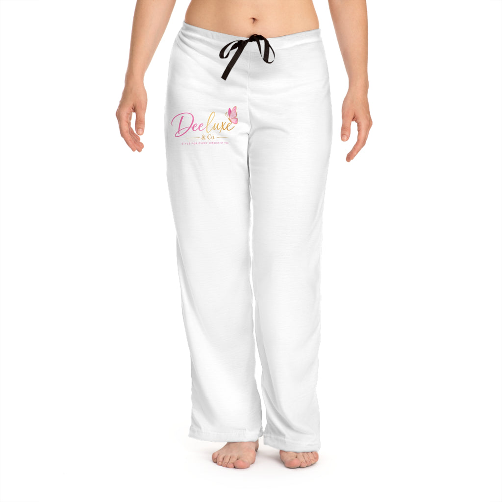 Luxe Mom Pajama Pants — Soft White Lounge Sleepwear with Pink 'DeeLuxe' Logo
