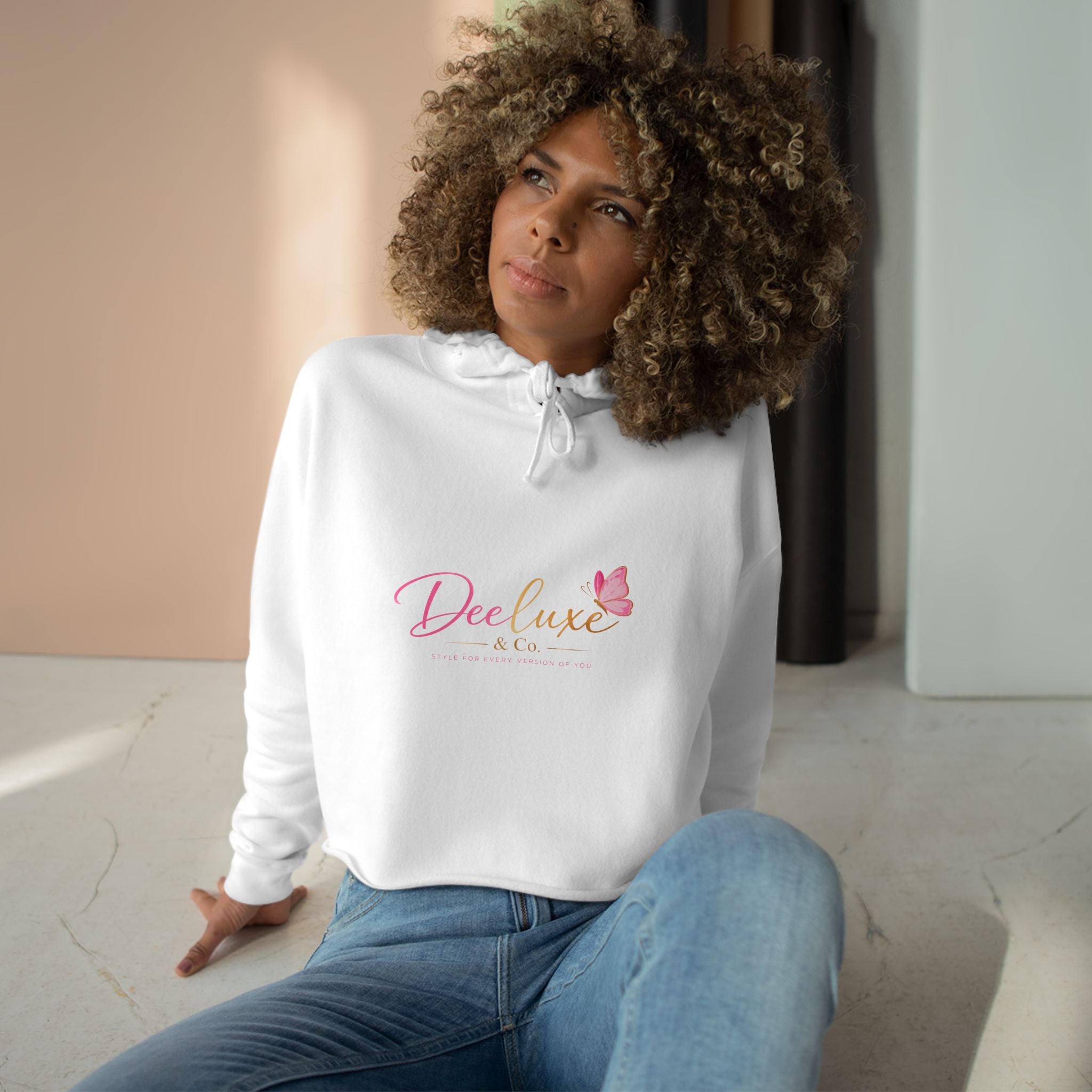 Cropped Hoodie — Deluxe Bliss Logo with Pink Butterfly