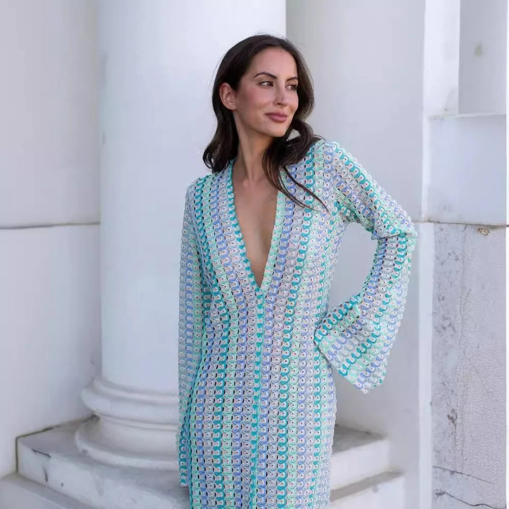 Crochet Colorful Stripe Maxi Dress Women Flare Sleeve Deep V-neck Split Sexy Long Dresses Spring Autumn Beach Banquet Vestidos