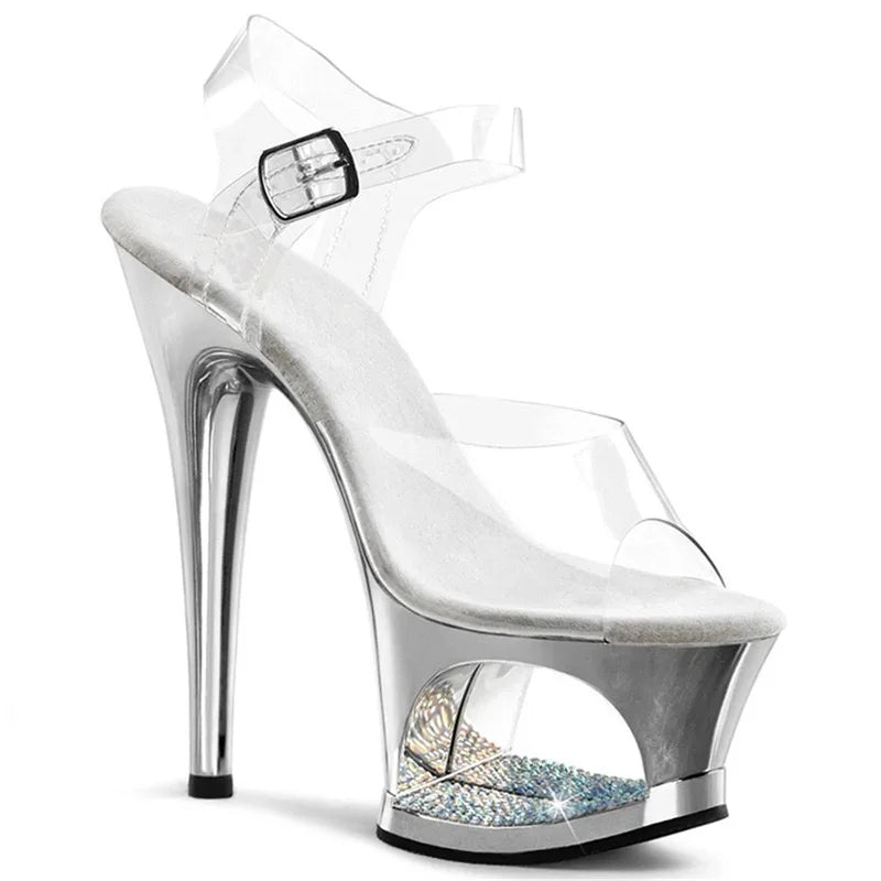 Sexy Women's 17cm High Stiletto Sandals - Hollow Out Sole Electroplated Diamond-Encrusted Shoes, Ideal for Pole Dance, Catwalk