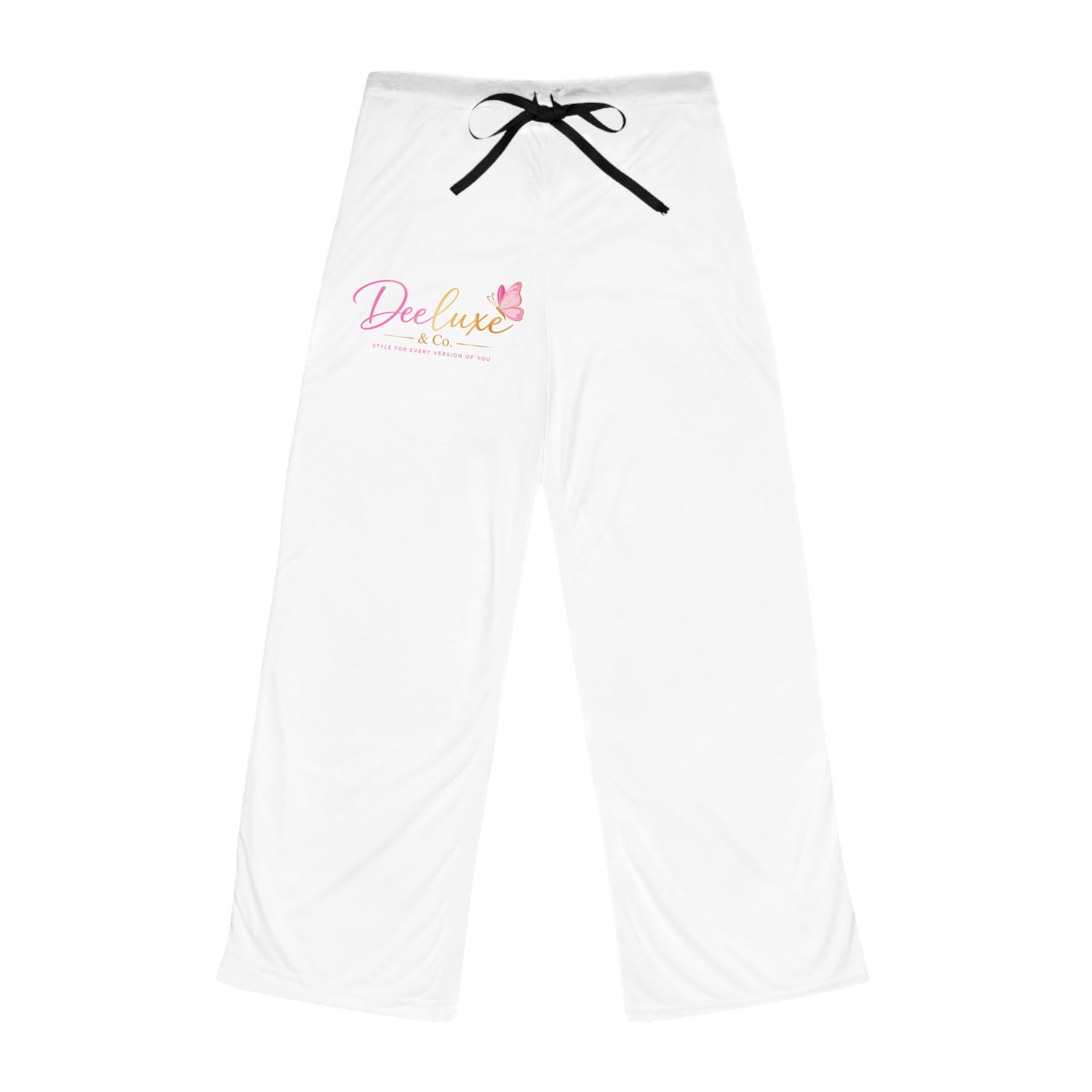Luxe Mom Pajama Pants — Soft White Lounge Sleepwear with Pink 'DeeLuxe' Logo