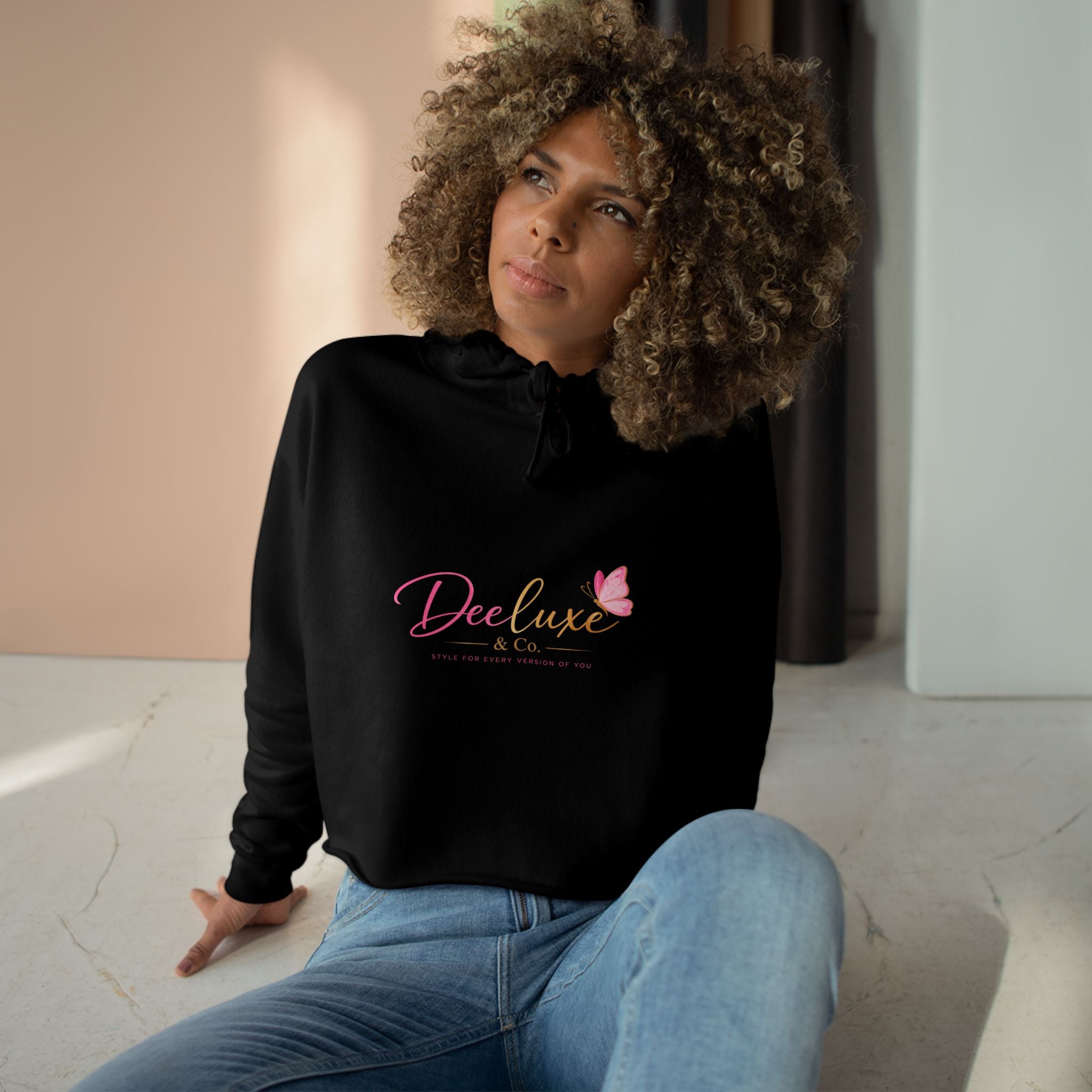 Cropped Hoodie — Deluxe Bliss Logo with Pink Butterfly