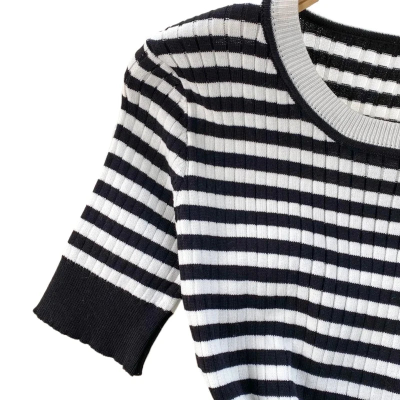 Women's Black Striped Crew Neck Short Sleeve Self-Tie Sundress Stretchy Ribbed Knit Bodycon Maxi Dress Summer Party Long Dress