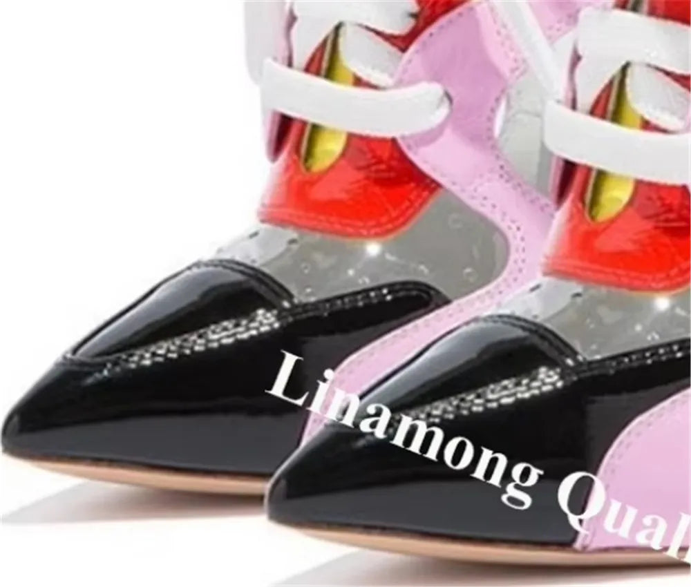 Linamong Pink Black Clear PVC Patchwork Metal Stiletto Heel Short Boots Pointed Toe Lace-up Unique Style Thin Heel Ankle Booties