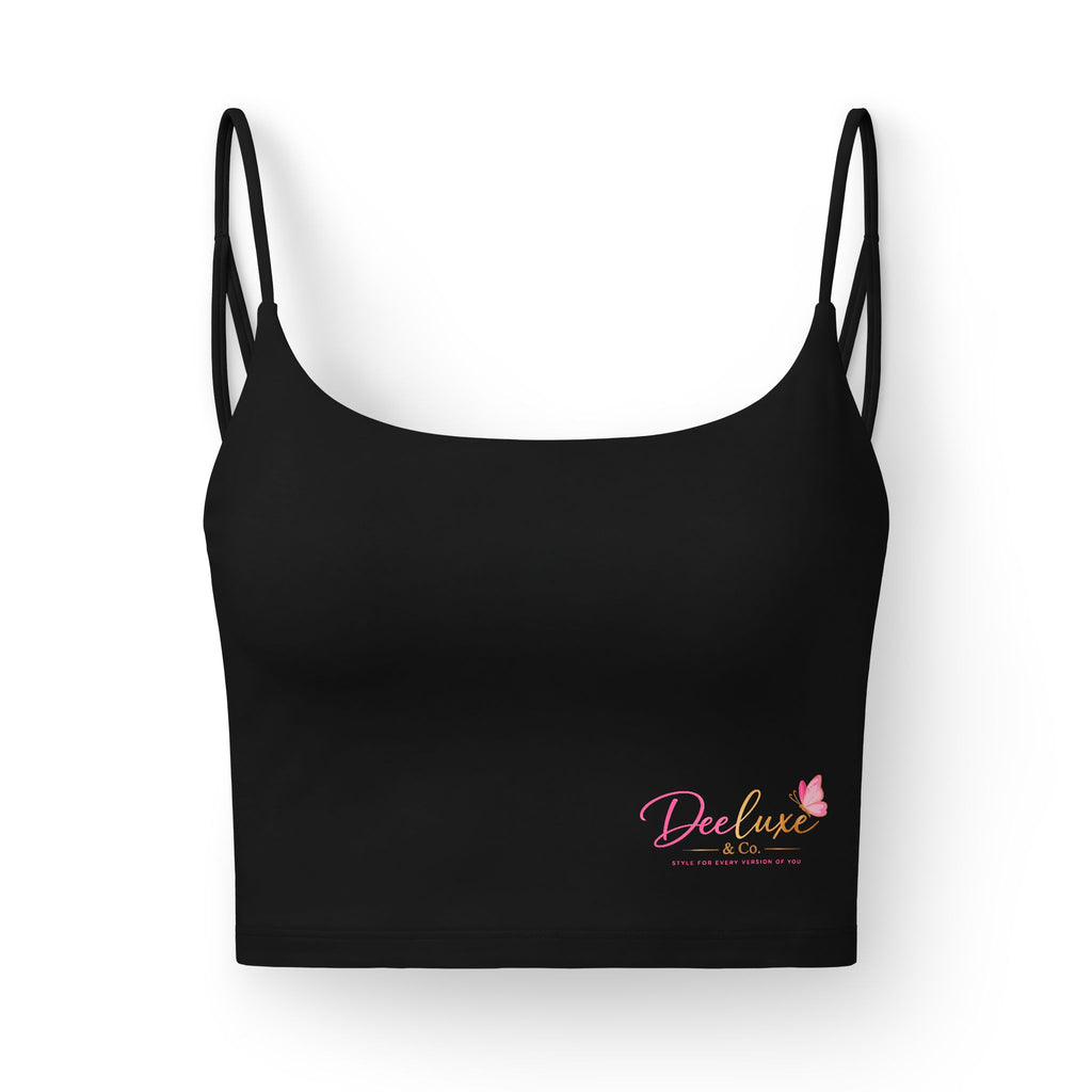 Luxe Women's Bralette — Black Crop Bra with 'Deeluxe' Pink Logo