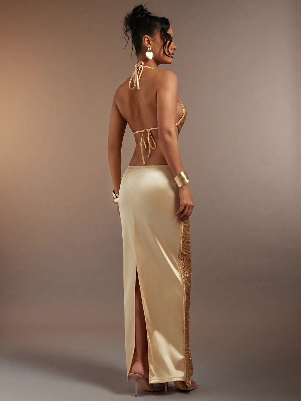 Women's Sexy Fringe Halter Deep V Neck Backless Maxi Dress