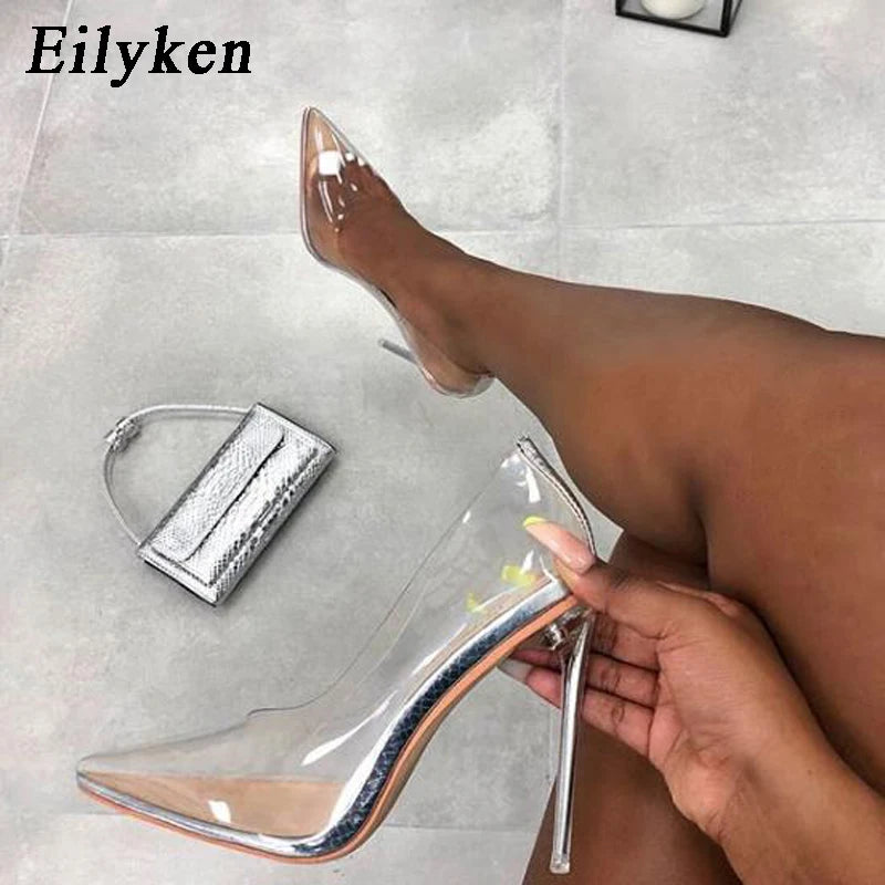 Eilyken Sexy Autumn Silver PVC Transparent Women Pumps Pointed Toe Perspex Clear Thin High Heels Wedding Shoes Size 35-42
