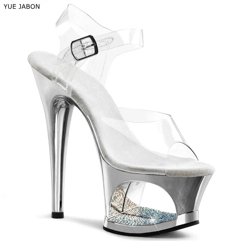 Sexy Women's 17cm High Stiletto Sandals - Hollow Out Sole Electroplated Diamond-Encrusted Shoes, Ideal for Pole Dance, Catwalk