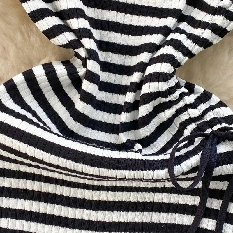 Women's Black Striped Crew Neck Short Sleeve Self-Tie Sundress Stretchy Ribbed Knit Bodycon Maxi Dress Summer Party Long Dress