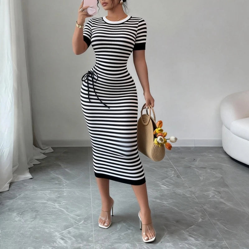 Women's Black Striped Crew Neck Short Sleeve Self-Tie Sundress Stretchy Ribbed Knit Bodycon Maxi Dress Summer Party Long Dress