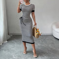 Women's Black Striped Crew Neck Short Sleeve Self-Tie Sundress Stretchy Ribbed Knit Bodycon Maxi Dress Summer Party Long Dress