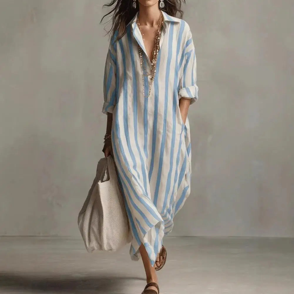 Women Dress Loose Fit Mid-length Dress Loose Shirt Women Long Sleeve V Neck Striped Maxi Vacation Retro Style Blouse Dress