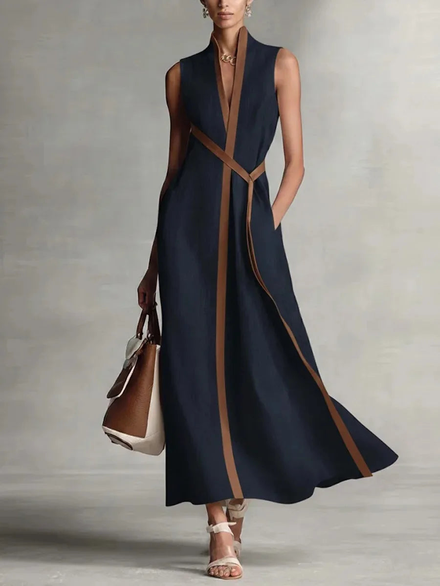 Casual Striped Patchwork Sleeveless Maxi Dress Elegant V Neck Color Collision Robes New Female Summer High Street Commute Gown