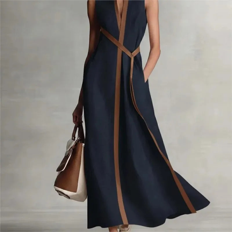 Casual Striped Patchwork Sleeveless Maxi Dress Elegant V Neck Color Collision Robes New Female Summer High Street Commute Gown