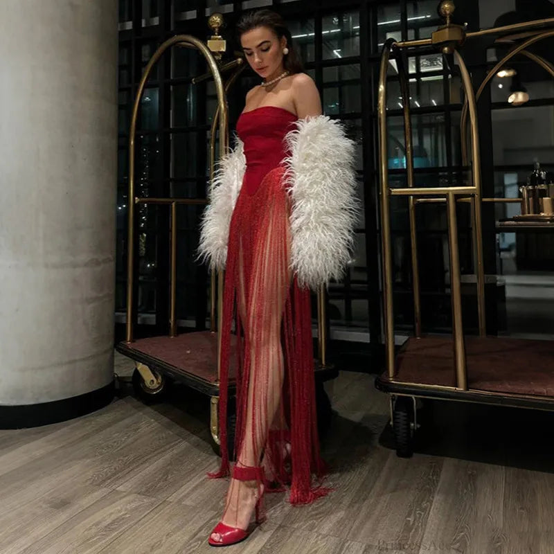Sexy Fringes Strapless Maxi Dress Women Elegant Off-shoulder Backless Waist Cinching Slim Vestidos 2026 Lady Vacation Party Gown