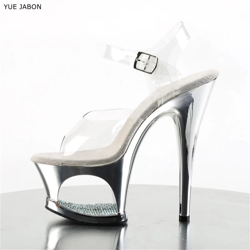 Sexy Women's 17cm High Stiletto Sandals - Hollow Out Sole Electroplated Diamond-Encrusted Shoes, Ideal for Pole Dance, Catwalk