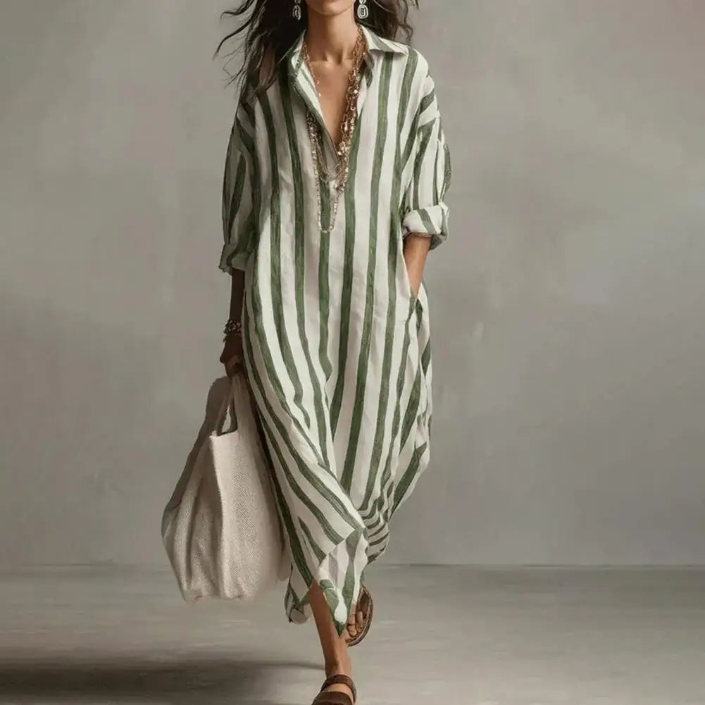 Women Dress Loose Fit Mid-length Dress Loose Shirt Women Long Sleeve V Neck Striped Maxi Vacation Retro Style Blouse Dress