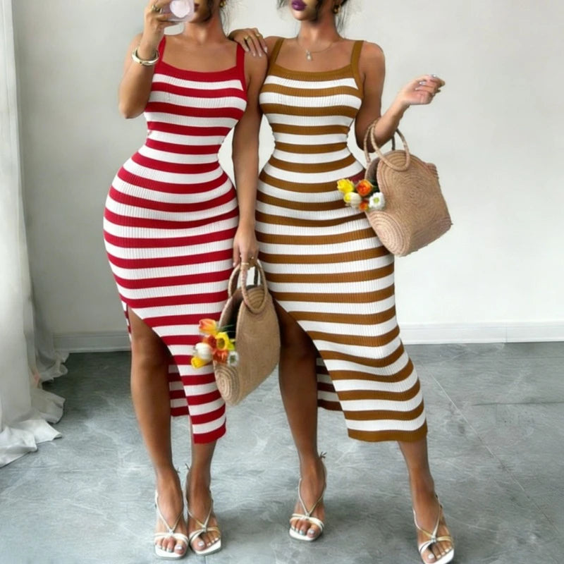 Red Black Striped Spaghetti Strap Maxi Dress Women's Stretchy Knit Bodycon Long Dress Sexy Summer Beach Party Dress Outfits
