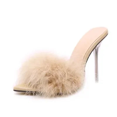 Sexy Pvc Transparent Open Toe Black Furry Slippers Women Clear Perspex Crystal High Heels Women Shoes Ladies Sandals