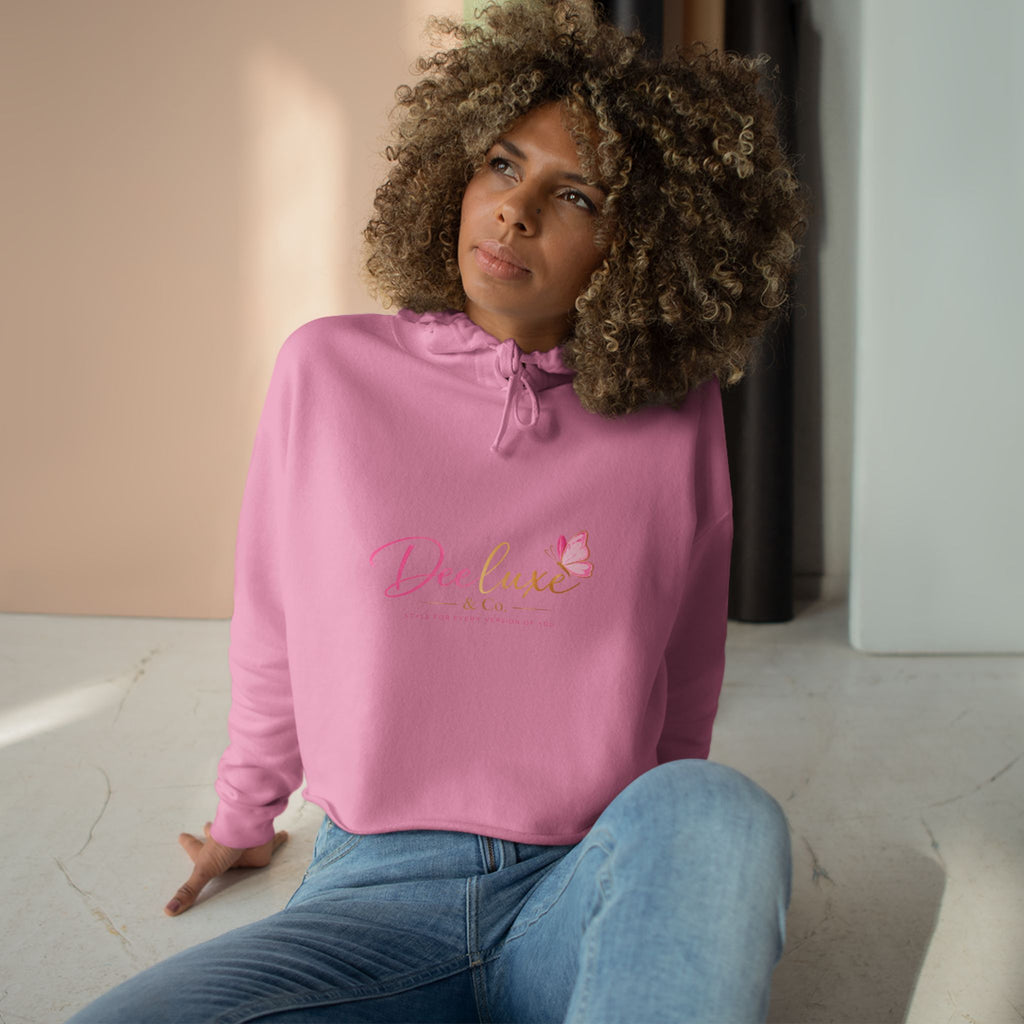 Cropped Hoodie — Deluxe Bliss Logo with Pink Butterfly