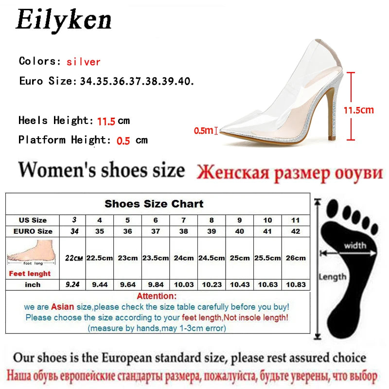 Eilyken Sexy Autumn Silver PVC Transparent Women Pumps Pointed Toe Perspex Clear Thin High Heels Wedding Shoes Size 35-42