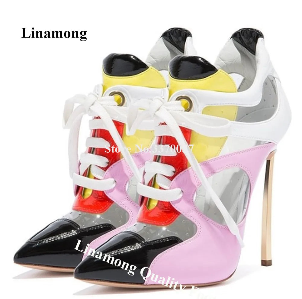 Linamong Pink Black Clear PVC Patchwork Metal Stiletto Heel Short Boots Pointed Toe Lace-up Unique Style Thin Heel Ankle Booties