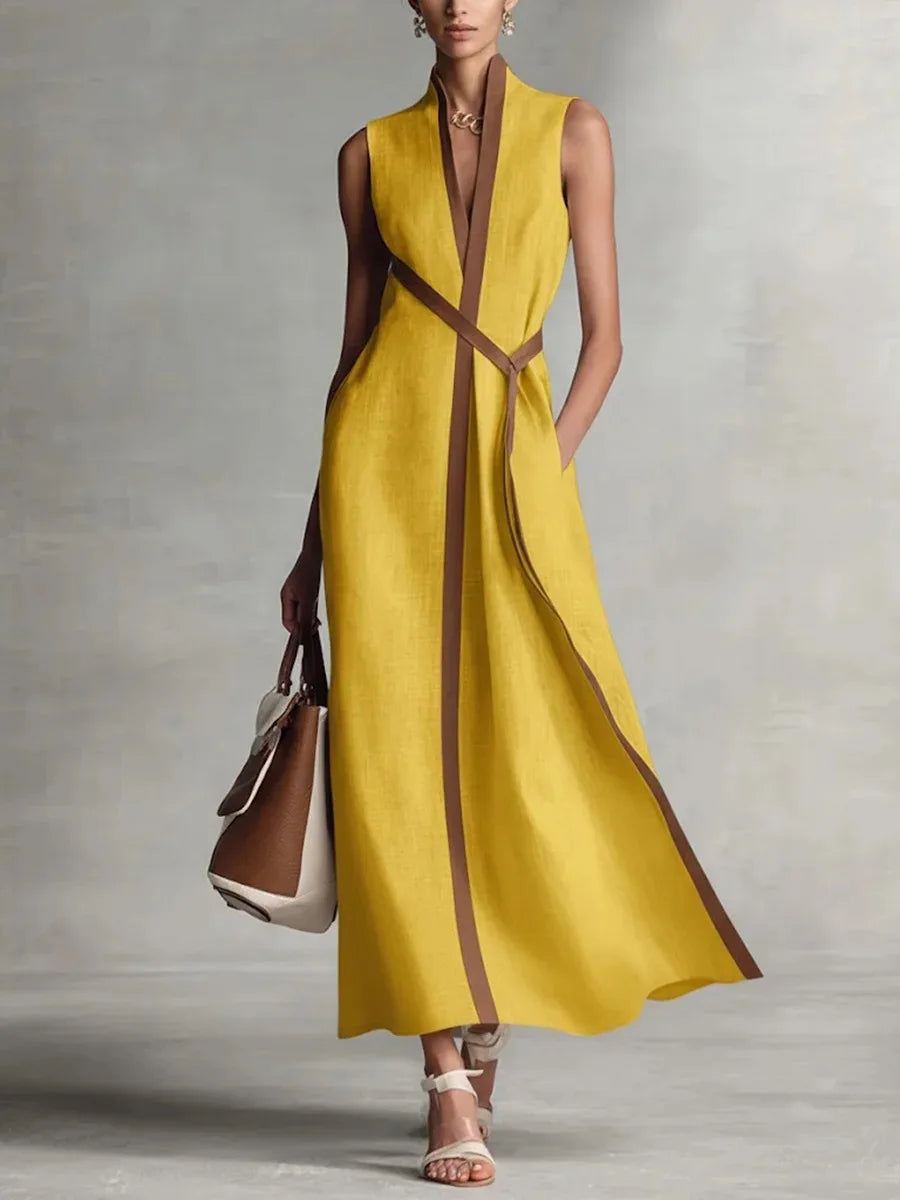 Casual Striped Patchwork Sleeveless Maxi Dress Elegant V Neck Color Collision Robes New Female Summer High Street Commute Gown