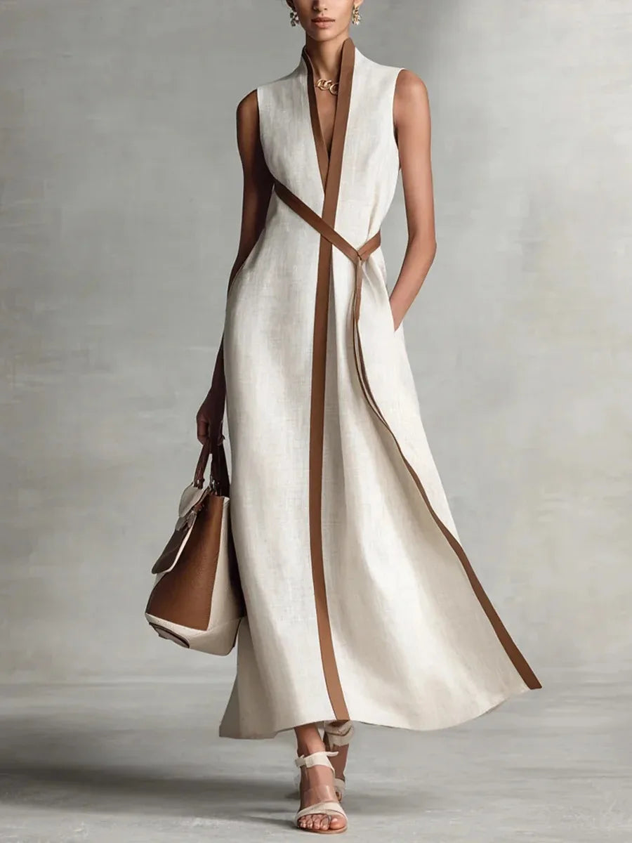 Casual Striped Patchwork Sleeveless Maxi Dress Elegant V Neck Color Collision Robes New Female Summer High Street Commute Gown