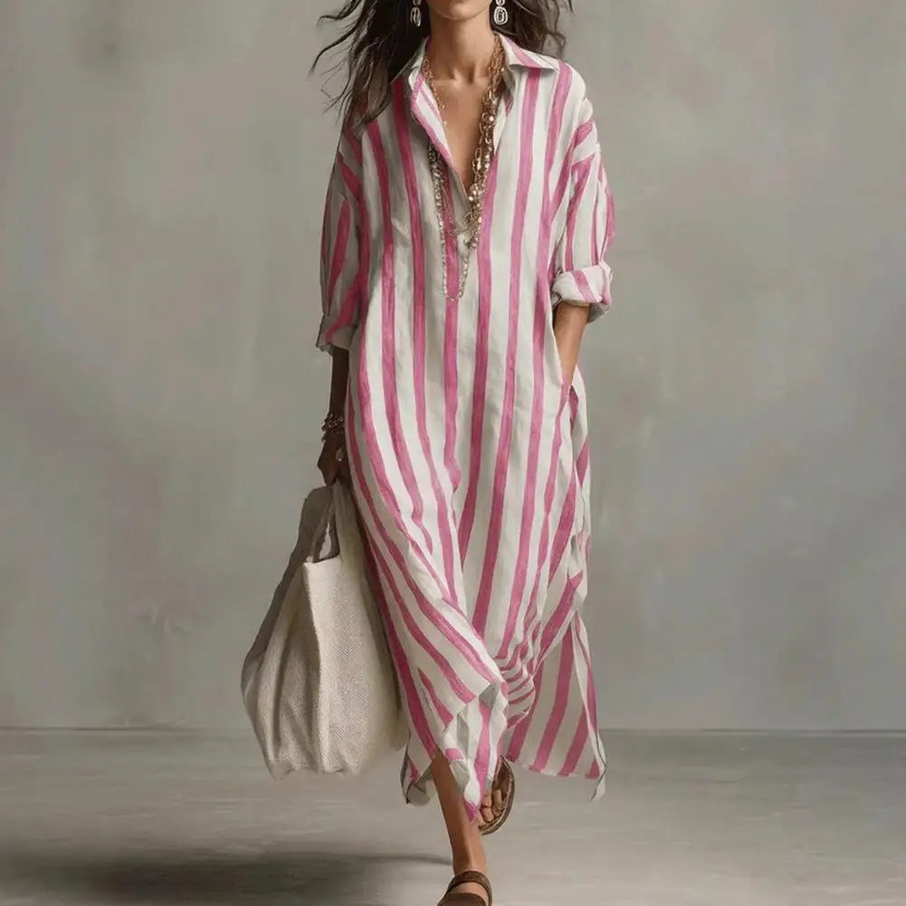 Women Dress Loose Fit Mid-length Dress Loose Shirt Women Long Sleeve V Neck Striped Maxi Vacation Retro Style Blouse Dress