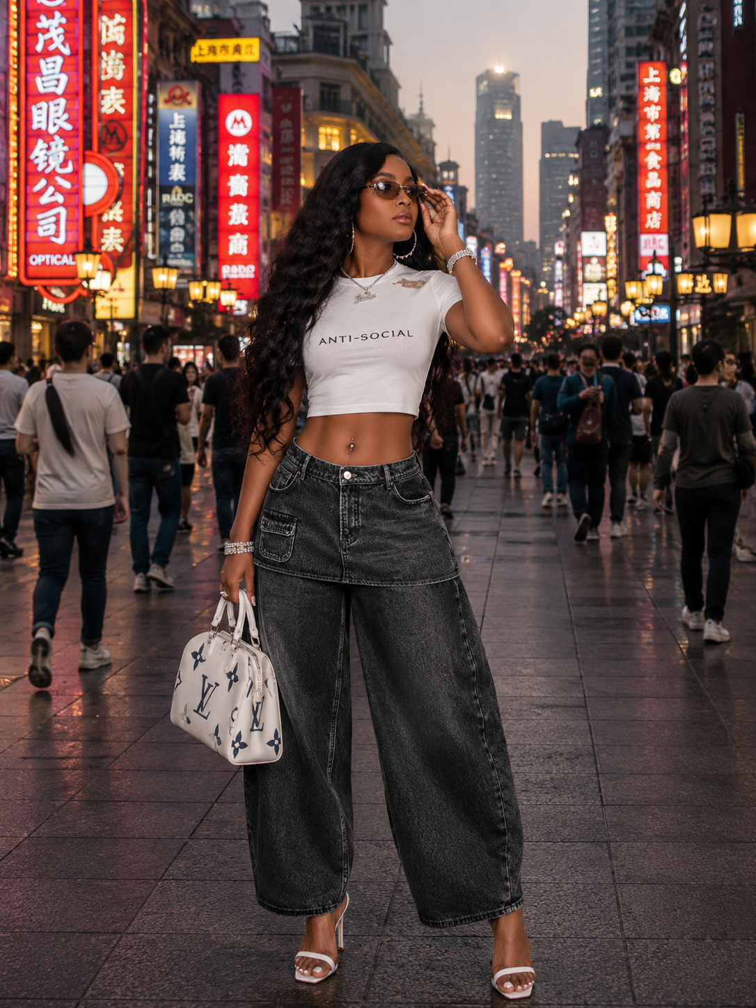 Retro Faux Two-piece Wide-leg Denim Jeans