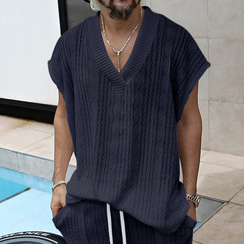 Men's Casual V-neck Loose Jacquard Knit Sleeveless Top — view 17 | DeeLuxe & Co.