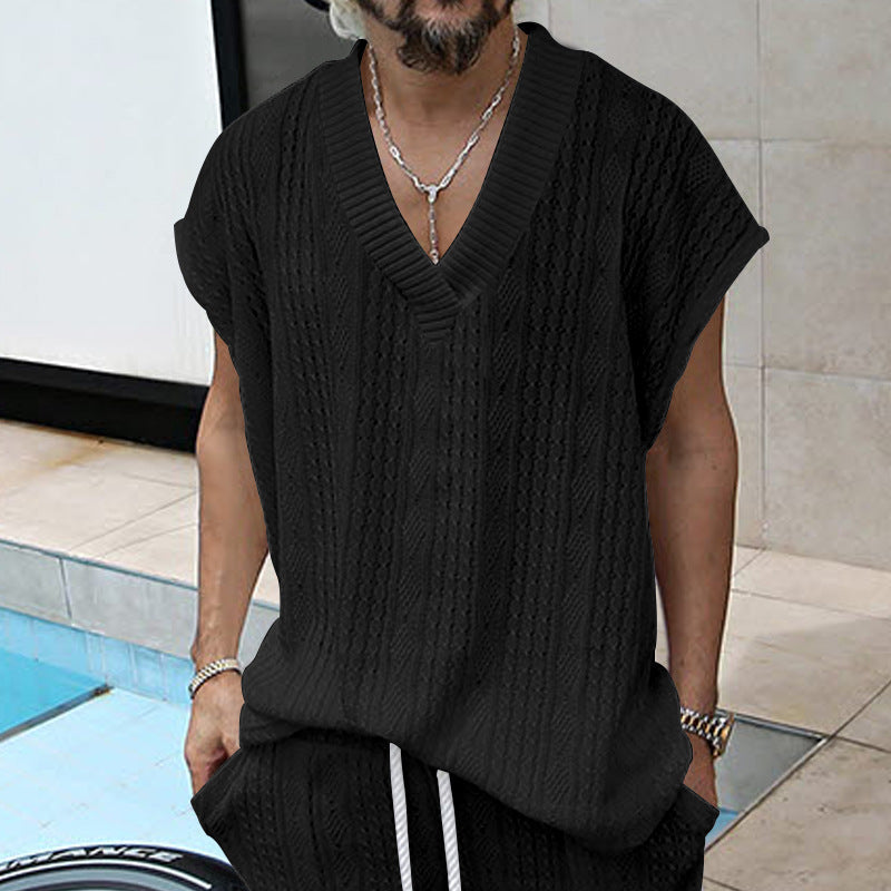 Men's Casual V-neck Loose Jacquard Knit Sleeveless Top — view 18 | DeeLuxe & Co.