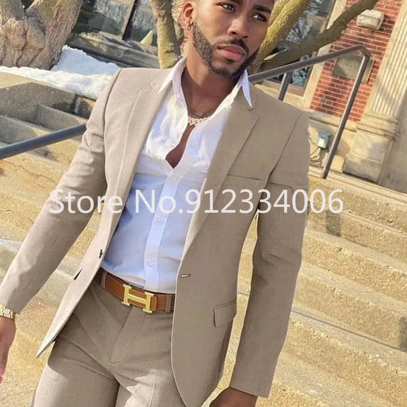 2 Piece Beige Slim Fit Suit for Men