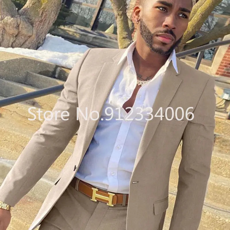 2 Piece Beige Slim Fit Suit for Men