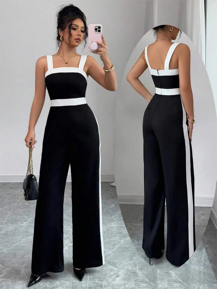 Women's Black White Jumpsuit Square Neck Jump Suit