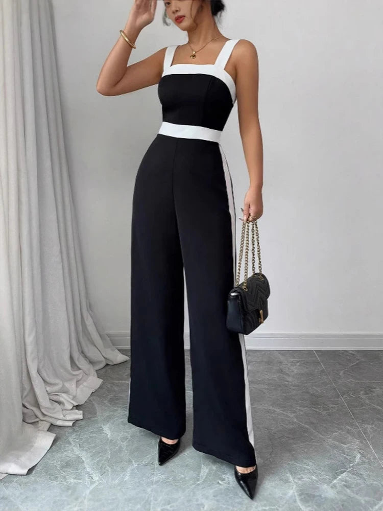 Women's Black White Jumpsuit Square Neck Jump Suit