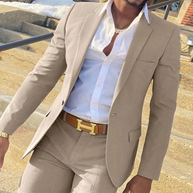 2 Piece Beige Slim Fit Suit for Men