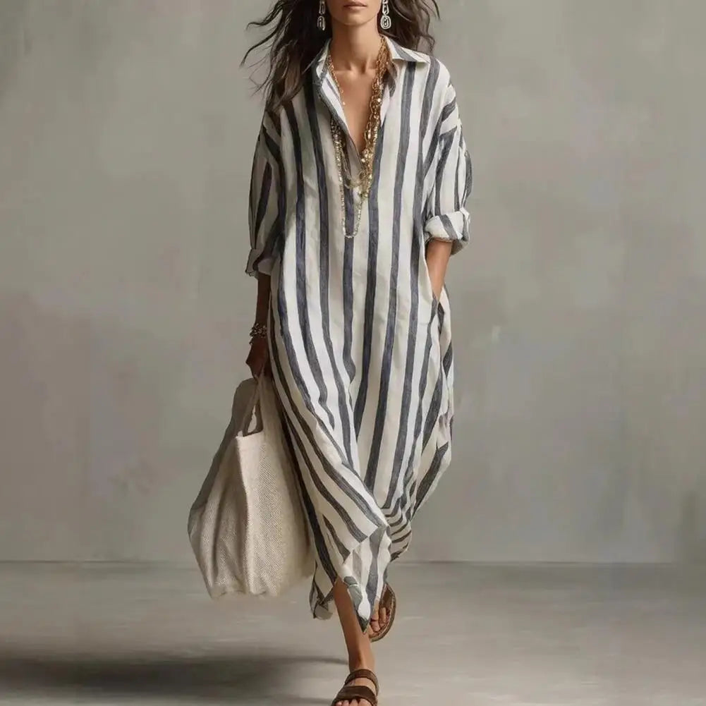 Women Dress Loose Fit Mid-length Dress Loose Shirt Women Long Sleeve V Neck Striped Maxi Vacation Retro Style Blouse Dress