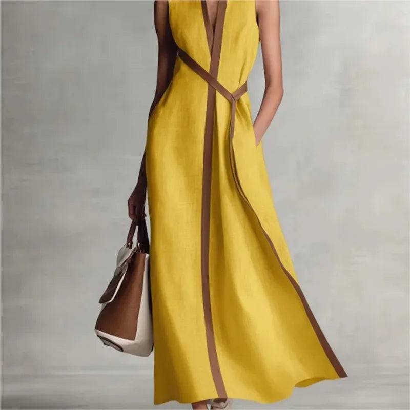 Casual Striped Patchwork Sleeveless Maxi Dress Elegant V Neck Color Collision Robes New Female Summer High Street Commute Gown