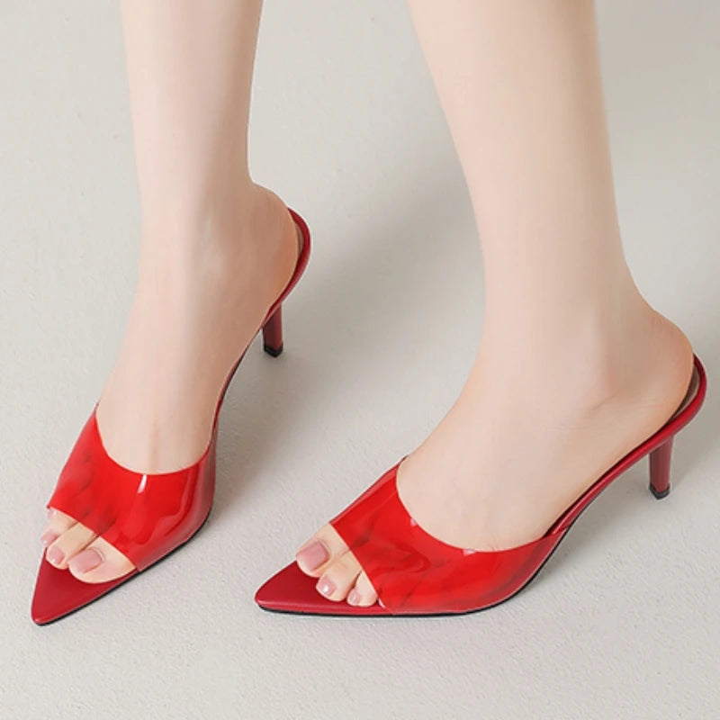PVC Transparent Summer Slippers Women 2026 High Heel Mules Shoes Clear Black Red Slides Point Peep toe Sandals Girls Footwear