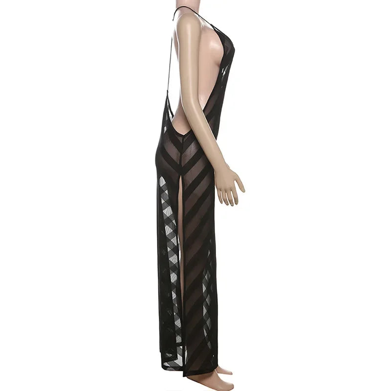 Mesh See Through Sexy Halter Party Club Maxi Split Dress Outfits Women Summer Sleeveless Backless Bodycon Long Dresses Vestido