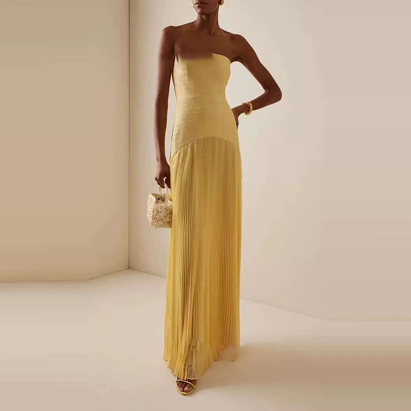 Women Summer Off Shoulder Tube Top Maxi Dresses Chic Sexy Pure  High Waist Party Gown Dress Fashion Pit Stripe Draped Long Dress