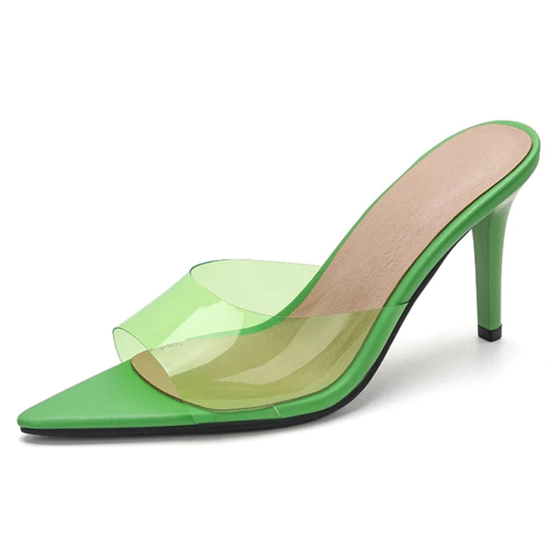 PVC Transparent Summer Slippers Women 2026 High Heel Mules Shoes Clear Black Red Slides Point Peep toe Sandals Girls Footwear