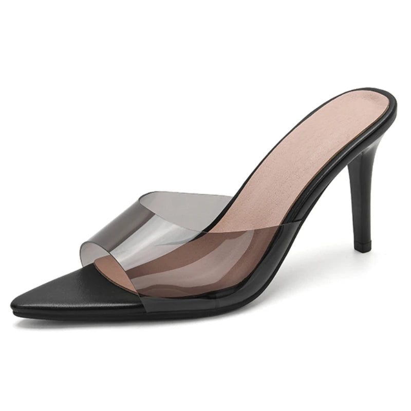 PVC Transparent Summer Slippers Women 2026 High Heel Mules Shoes Clear Black Red Slides Point Peep toe Sandals Girls Footwear