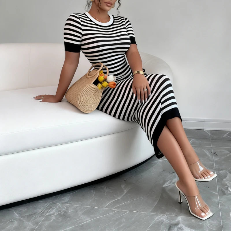 Women's Black Striped Crew Neck Short Sleeve Self-Tie Sundress Stretchy Ribbed Knit Bodycon Maxi Dress Summer Party Long Dress