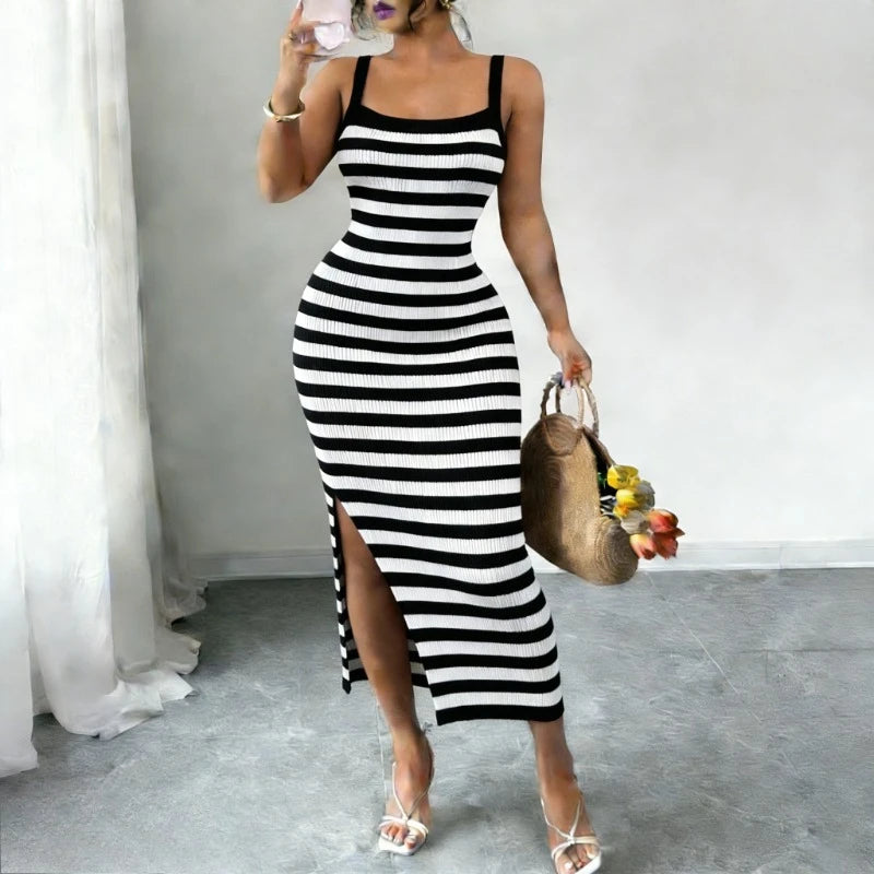 Red Black Striped Spaghetti Strap Maxi Dress Women's Stretchy Knit Bodycon Long Dress Sexy Summer Beach Party Dress Outfits