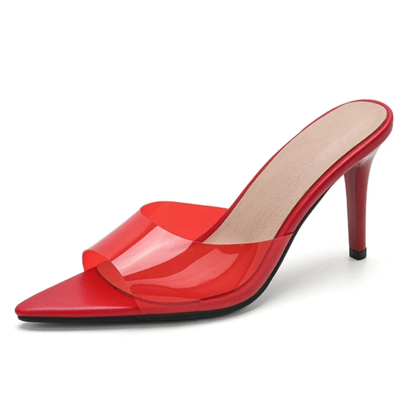 PVC Transparent Summer Slippers Women 2026 High Heel Mules Shoes Clear Black Red Slides Point Peep toe Sandals Girls Footwear